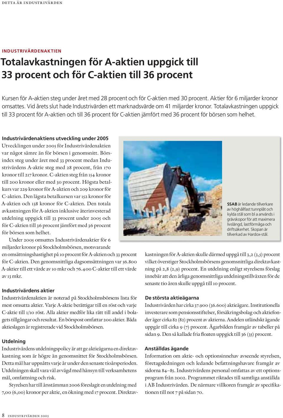 Totalavkastningen uppgick till 33 procent för A-aktien och till 36 procent för C-aktien jämfört med 36 procent för börsen som helhet.
