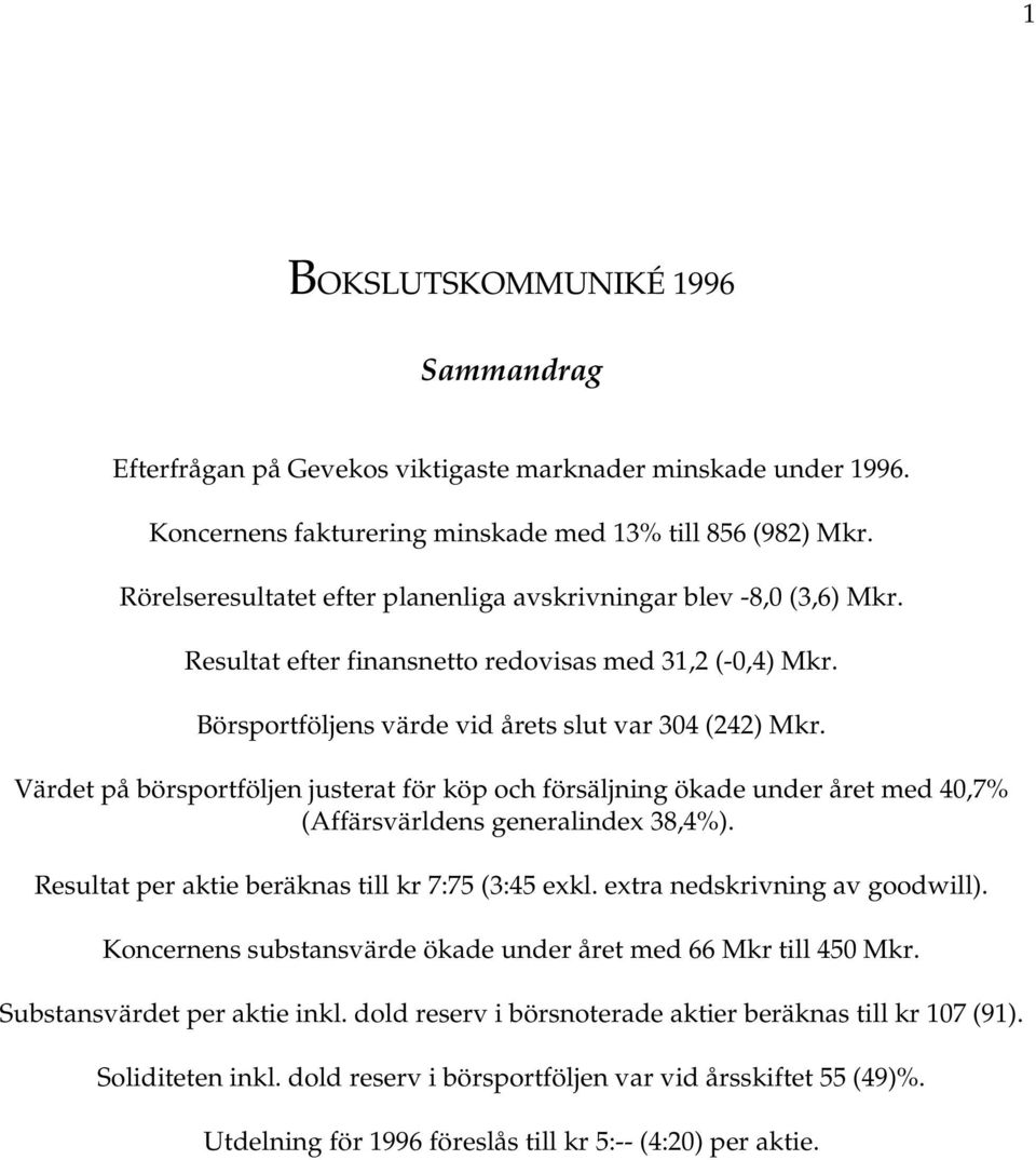 Värdet på börsportföljen justerat för köp och försäljning ökade under året med 40,7% (Affärsvärldens generalindex 38,4%). Resultat per aktie beräknas till kr 7:75 (3:45 exkl.