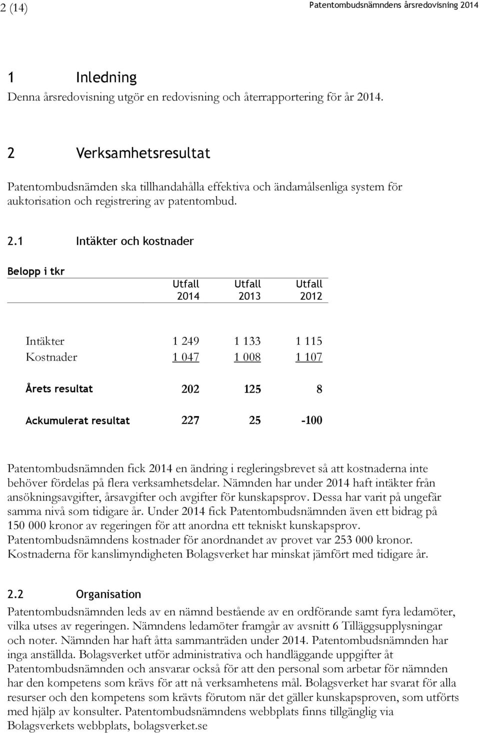 1 Intäkter och kostnader Belopp i tkr Utfall 2014 Utfall 2013 Utfall 2012 Intäkter 1 249 1 133 1 115 Kostnader 1 047 1 008 1 107 Årets resultat 202 125 8 Ackumulerat resultat 227 25-100