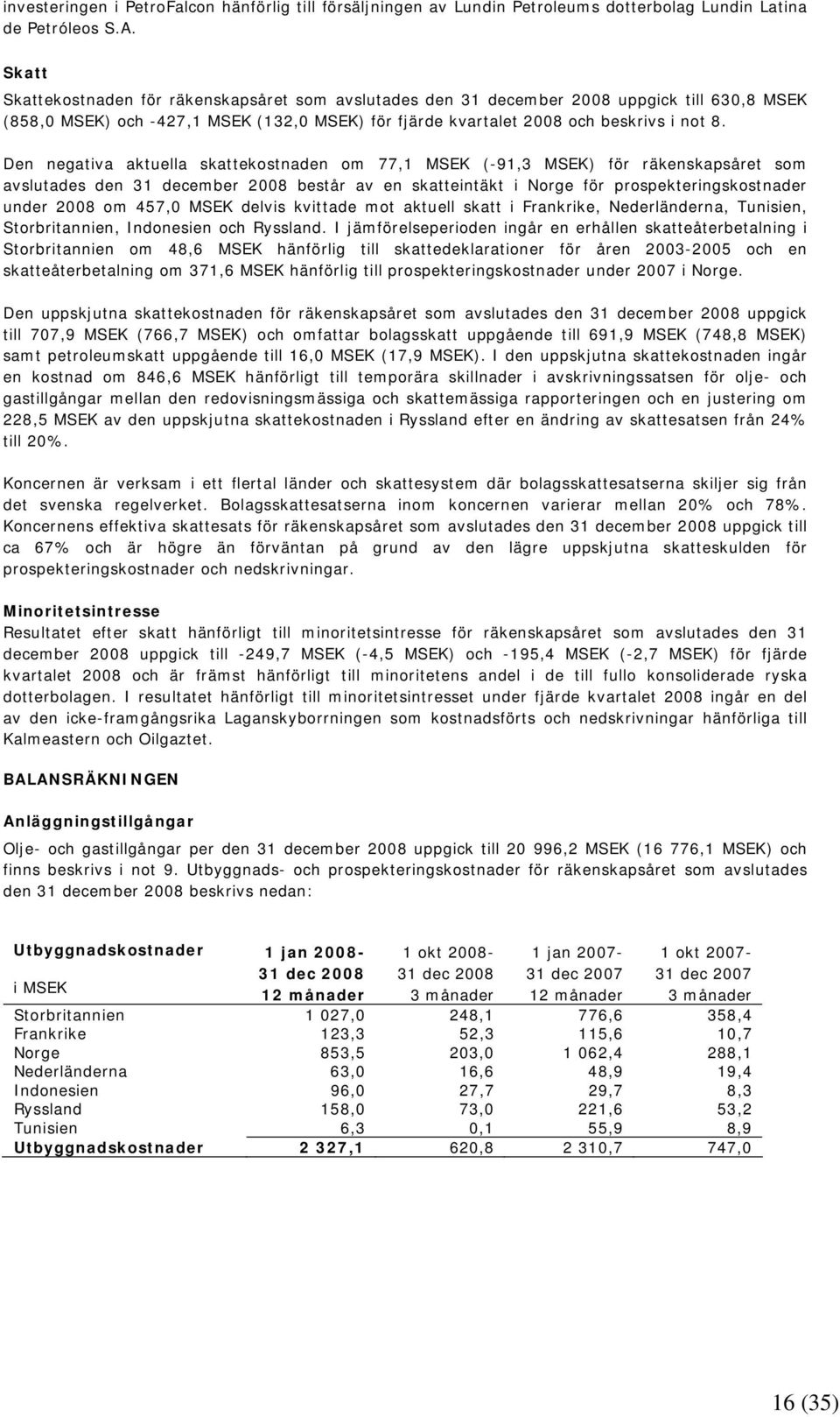 Den negativa aktuella skattekostnaden om 77,1 MSEK (-91,3 MSEK) för räkenskapsåret som avslutades den 31 december 2008 består av en skatteintäkt i Norge för prospekteringskostnader under 2008 om