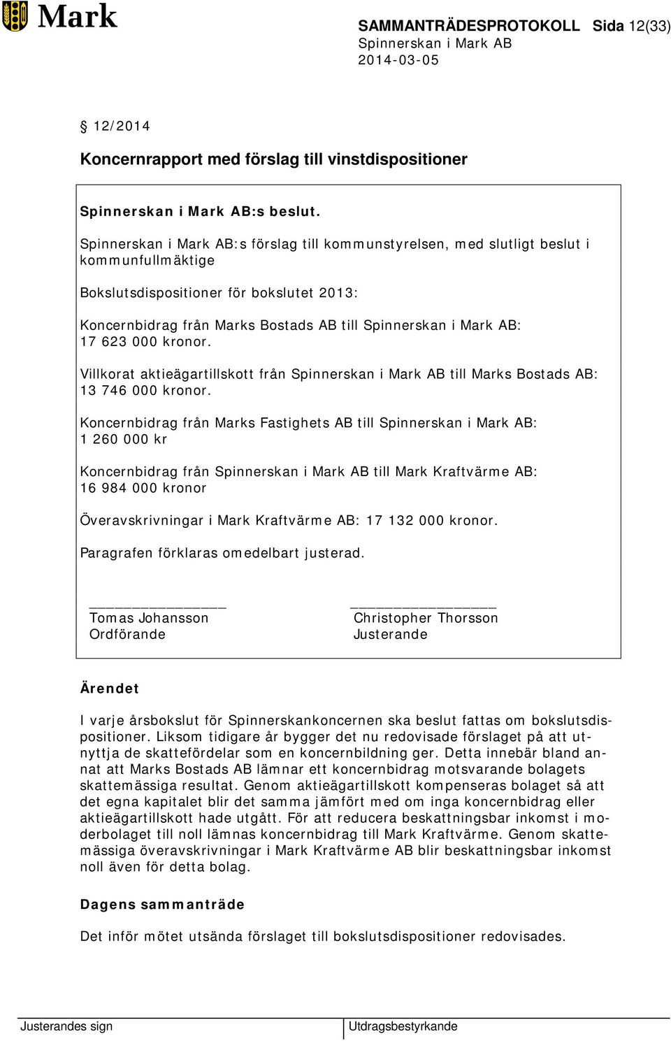 Villkorat aktieägartillskott från till Marks Bostads AB: 13 746 000 kronor.