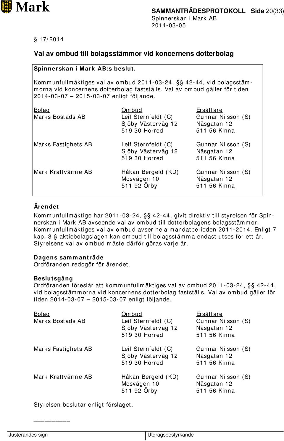 Bolag Ombud Ersättare Marks Bostads AB Leif Sternfeldt (C) Gunnar Nilsson (S) Sjöby Västerväg 12 Näsgatan 12 519 30 Horred 511 56 Kinna Marks Fastighets AB Leif Sternfeldt (C) Gunnar Nilsson (S)