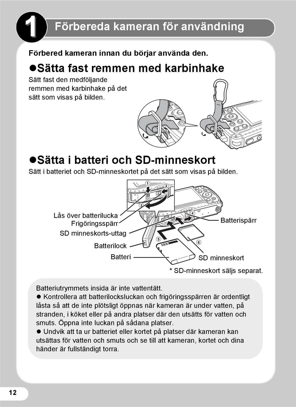 Lås över batterilucka Frigöringsspärr SD minneskorts-uttag Batterilock Batteri Batterispärr SD minneskort * SD-minneskort säljs separat. Batteriutrymmets insida är inte vattentätt.