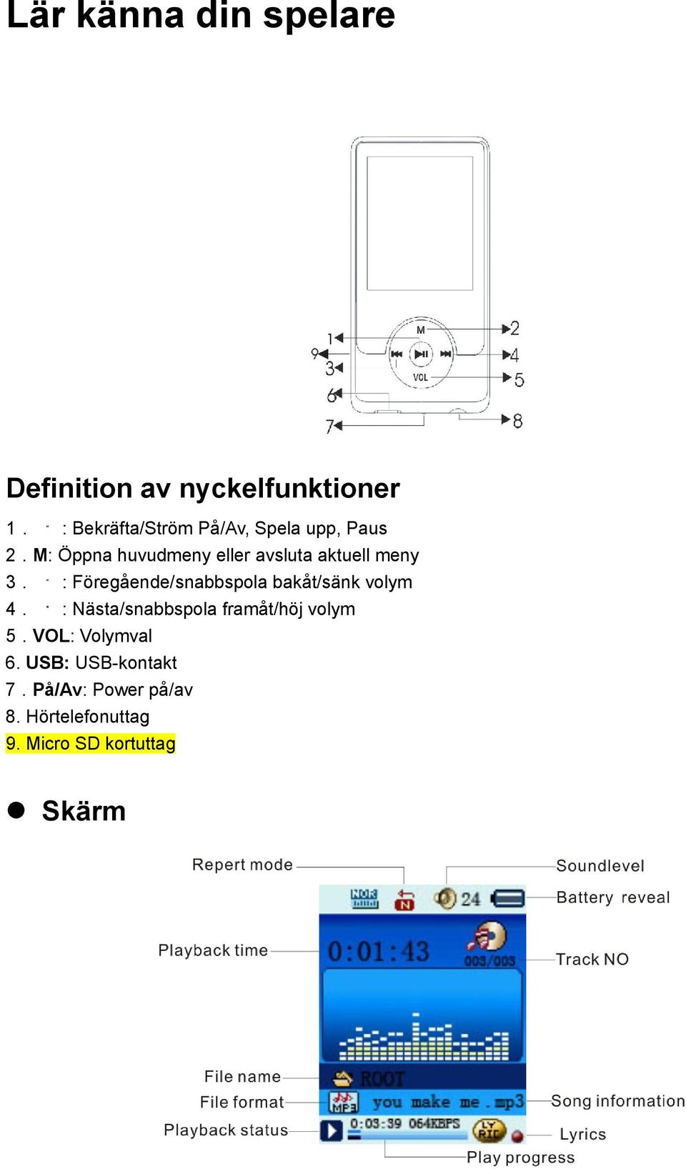 M: Öppna huvudmeny eller avsluta aktuell meny 3.