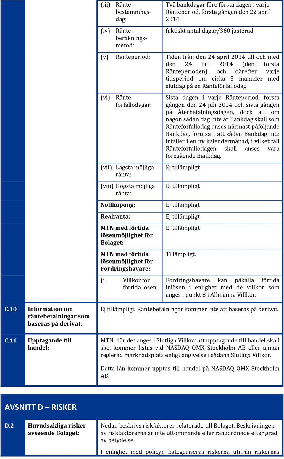 faktiskt antal dagar/360 justerad Tiden från den 24 april 2014 till och med den 24 juli 2014 (den första Ränteperioden) och därefter varje tidsperiod om cirka 3 månader med slutdag på en