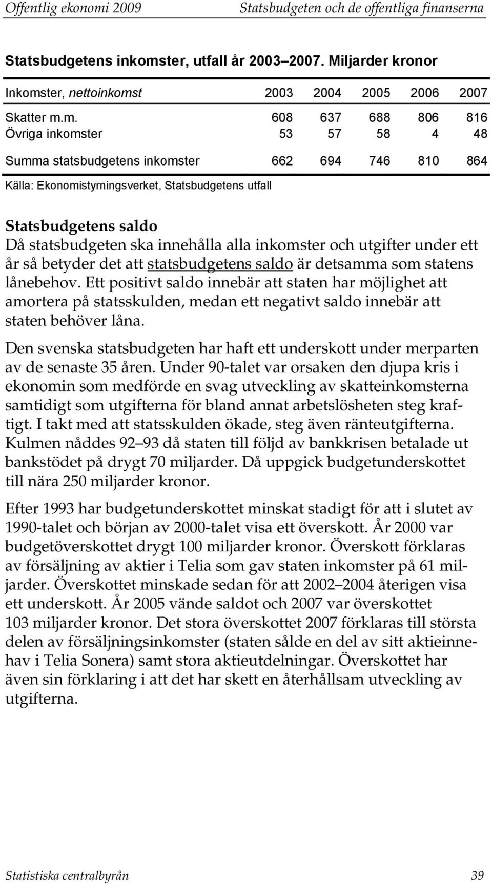 ter, utfall år 2003 2007. Miljarder kronor Inkoms