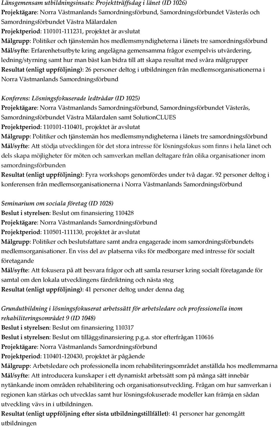 resultat med svåra målgrupper Resultat (enligt uppföljning): 26 personer deltog i utbildningen från medlemsorganisationerna i Norra Västmanlands Samordningsförbund Konferens: Lösningsfokuserade