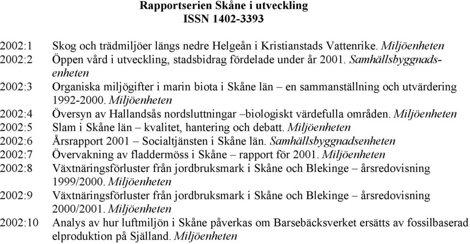 Samhällsbyggnadsenheten 2002:3 Organiska miljögifter i marin biota i Skåne län en sammanställning och utvärdering 1992-2000.