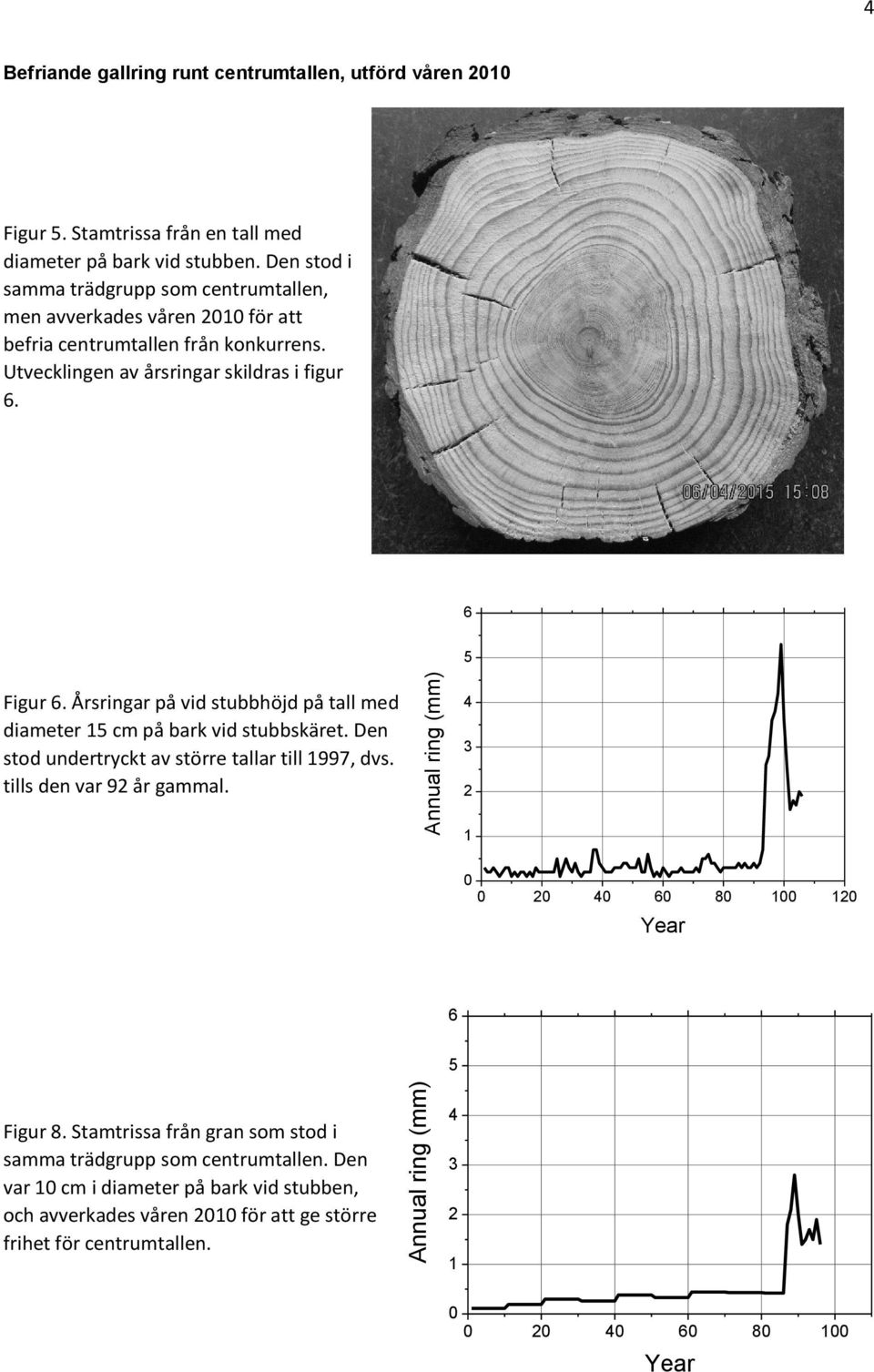 Årsringar på vid stubbhöjd på tall med diameter cm på bark vid stubbskäret. Den stod undertryckt av större tallar till 997, dvs. tills den var 9 år gammal.
