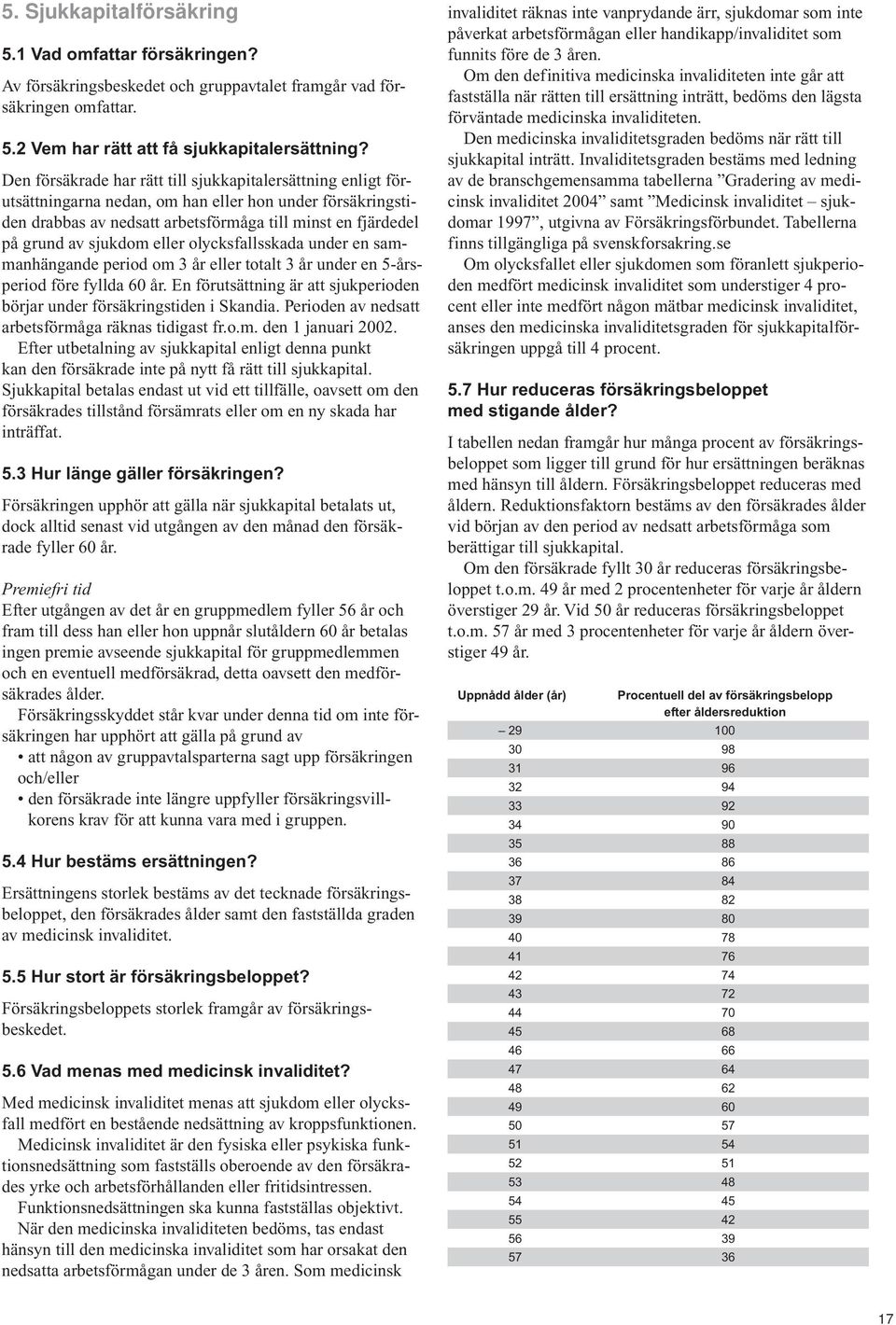 eller olycksfallsskada under en sammanhängande period om 3 år eller totalt 3 år under en 5-årsperiod före fyllda 60 år. En förutsättning är att sjukperioden börjar under försäkringstiden i Skandia.