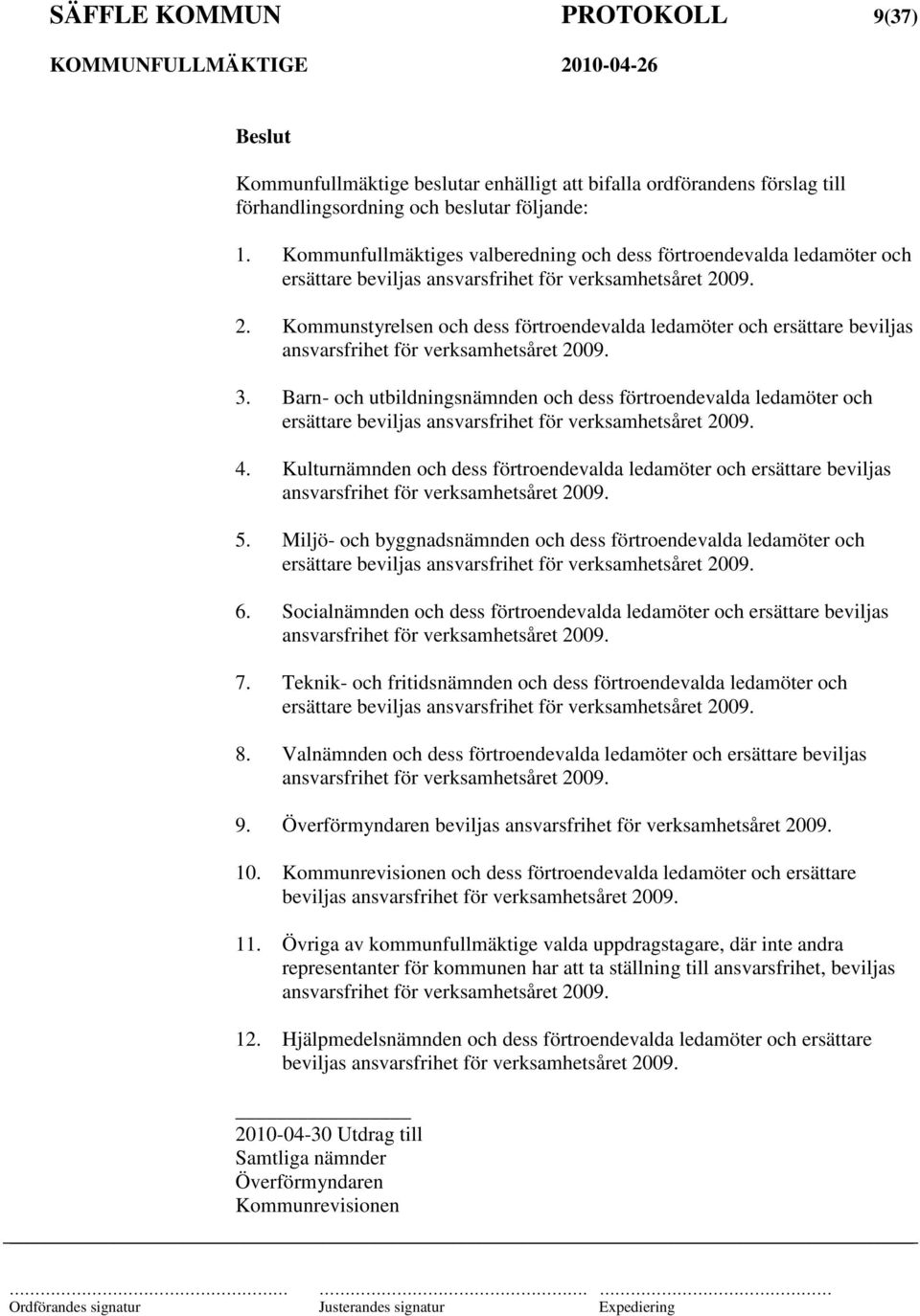 09. 2. Kommunstyrelsen och dess förtroendevalda ledamöter och ersättare beviljas ansvarsfrihet för verksamhetsåret 2009. 3.