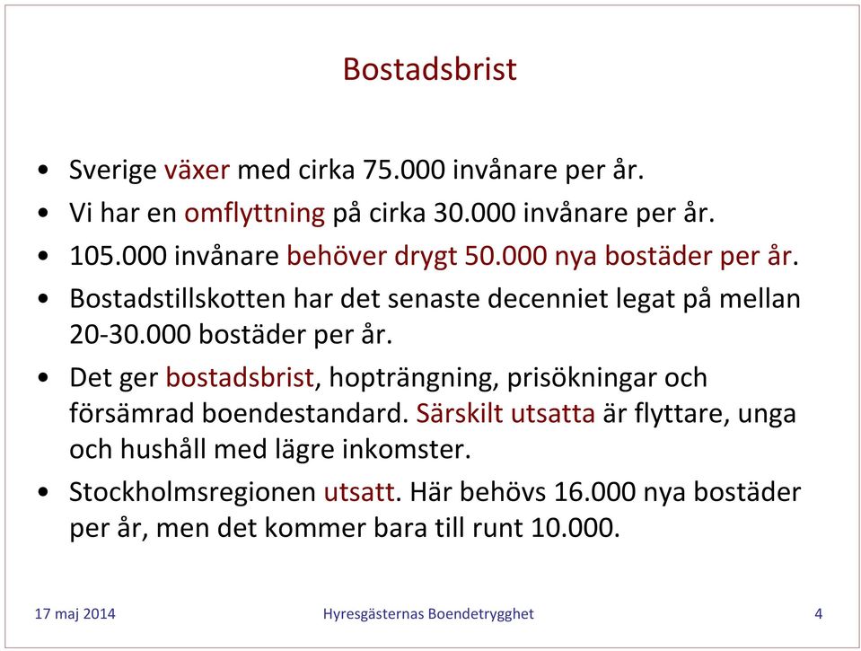 000 bostäder per år. Det ger bostadsbrist, hopträngning, prisökningar och försämrad boendestandard.