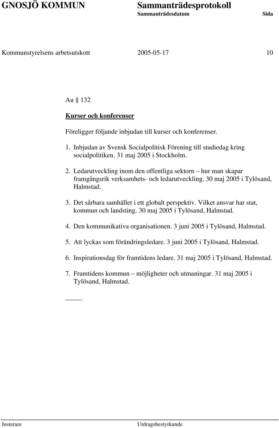 Vilket ansvar har stat, kommun och landsting. 30 maj 2005 i Tylösand, Halmstad. 4. Den kommunikativa organisationen. 3 juni 2005 i Tylösand, Halmstad. 5. Att lyckas som förändringsledare.