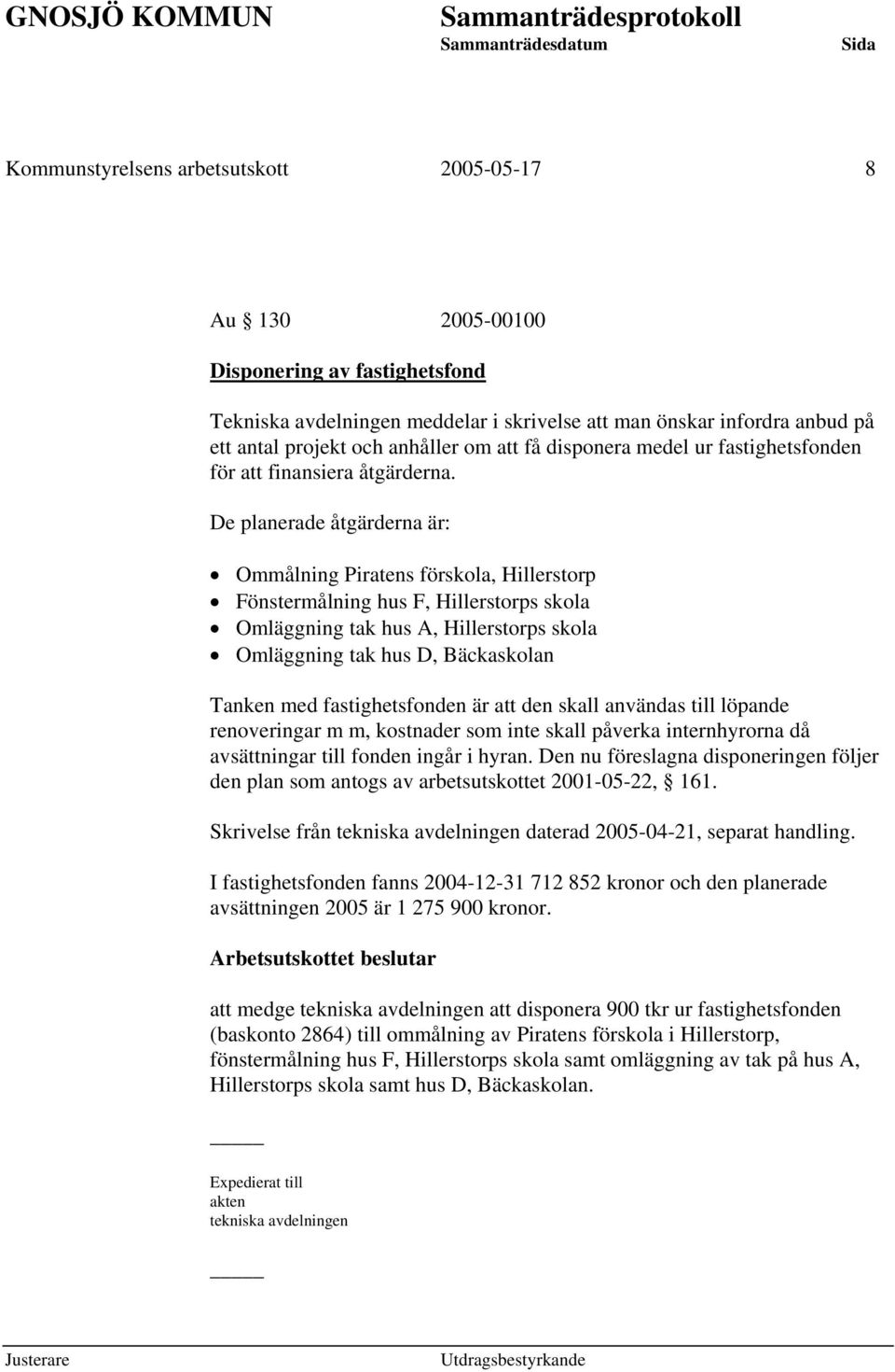 De planerade åtgärderna är: Ommålning Piratens förskola, Hillerstorp Fönstermålning hus F, Hillerstorps skola Omläggning tak hus A, Hillerstorps skola Omläggning tak hus D, Bäckaskolan Tanken med