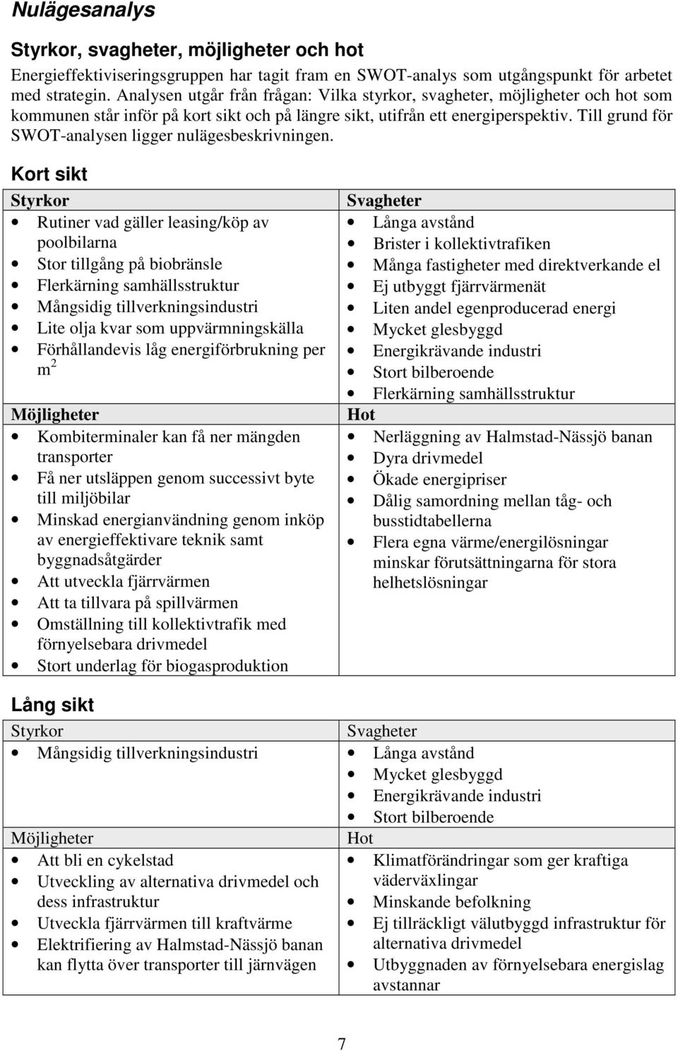 Till grund för SWOT-analysen ligger nulägesbeskrivningen.