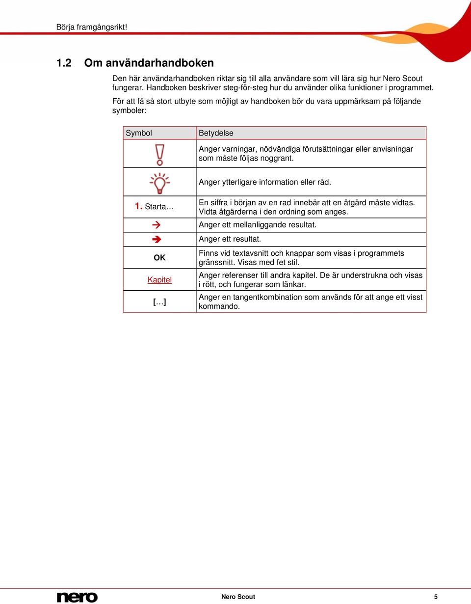 För att få så stort utbyte som möjligt av handboken bör du vara uppmärksam på följande symboler: Symbol Betydelse Anger varningar, nödvändiga förutsättningar eller anvisningar som måste följas