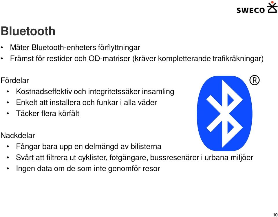 installera och funkar i alla väder Täcker flera körfält Nackdelar Fångar bara upp en delmängd av