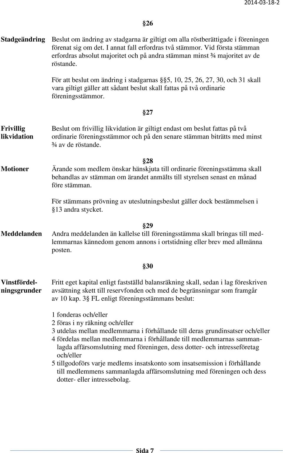26 För att beslut om ändring i stadgarnas 5, 10, 25, 26, 27, 30, och 31 skall vara giltigt gäller att sådant beslut skall fattas på två ordinarie föreningsstämmor.