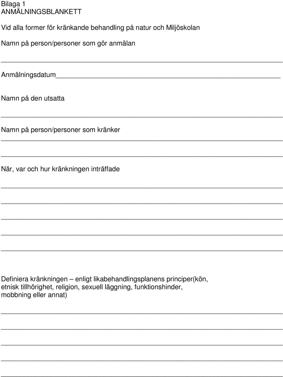 kränker När, var och hur kränkningen inträffade Definiera kränkningen enligt likabehandlingsplanens