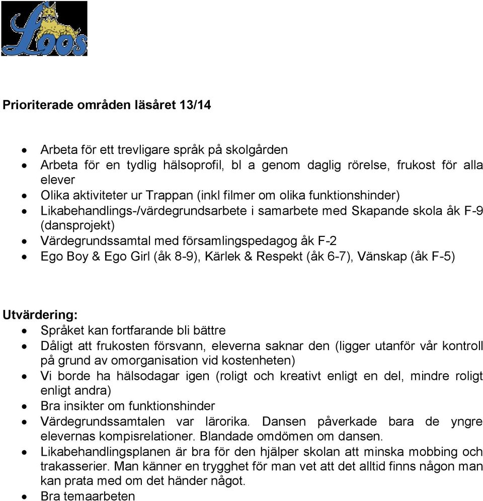 8-9), Kärlek & Respekt (åk 6-7), Vänskap (åk F-5) Utvärdering: Språket kan fortfarande bli bättre Dåligt att frukosten försvann, eleverna saknar den (ligger utanför vår kontroll på grund av