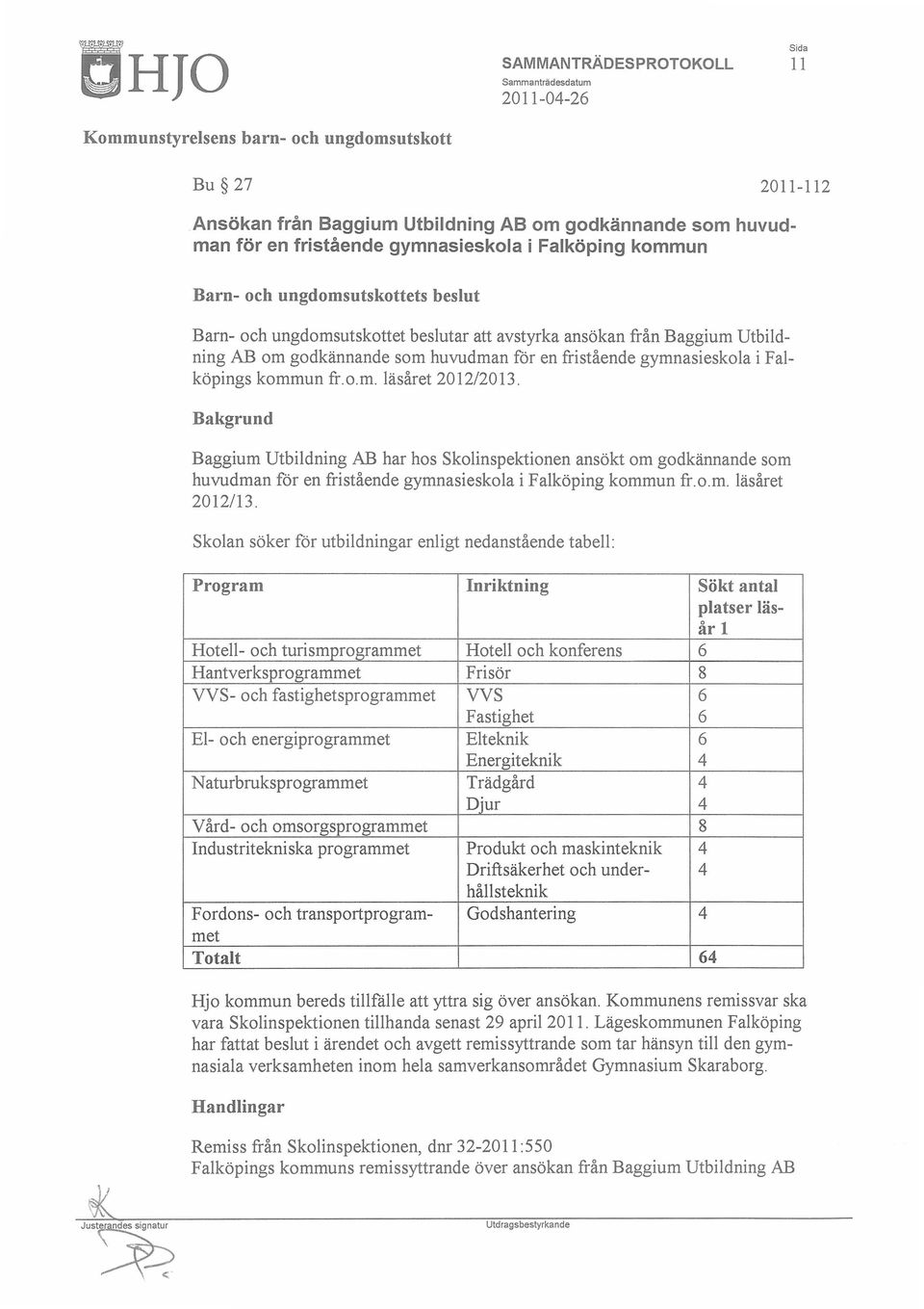 om godkännande som huvudman för en fristående gymnasieskola i Falköpings kommun fr.o.m. läsåret 201212013.