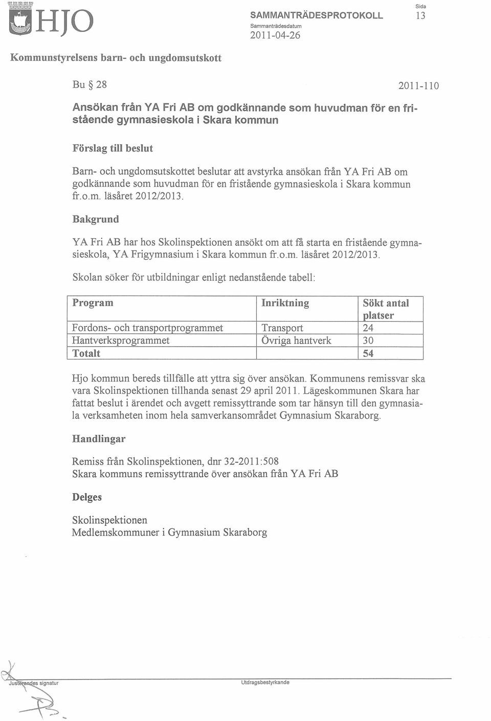 y A Fri AB har hos ansökt om att få starta en fristående gymnasieskola, YA Frigymnasium i Skara kommun flo.m. läsåret 201212013.