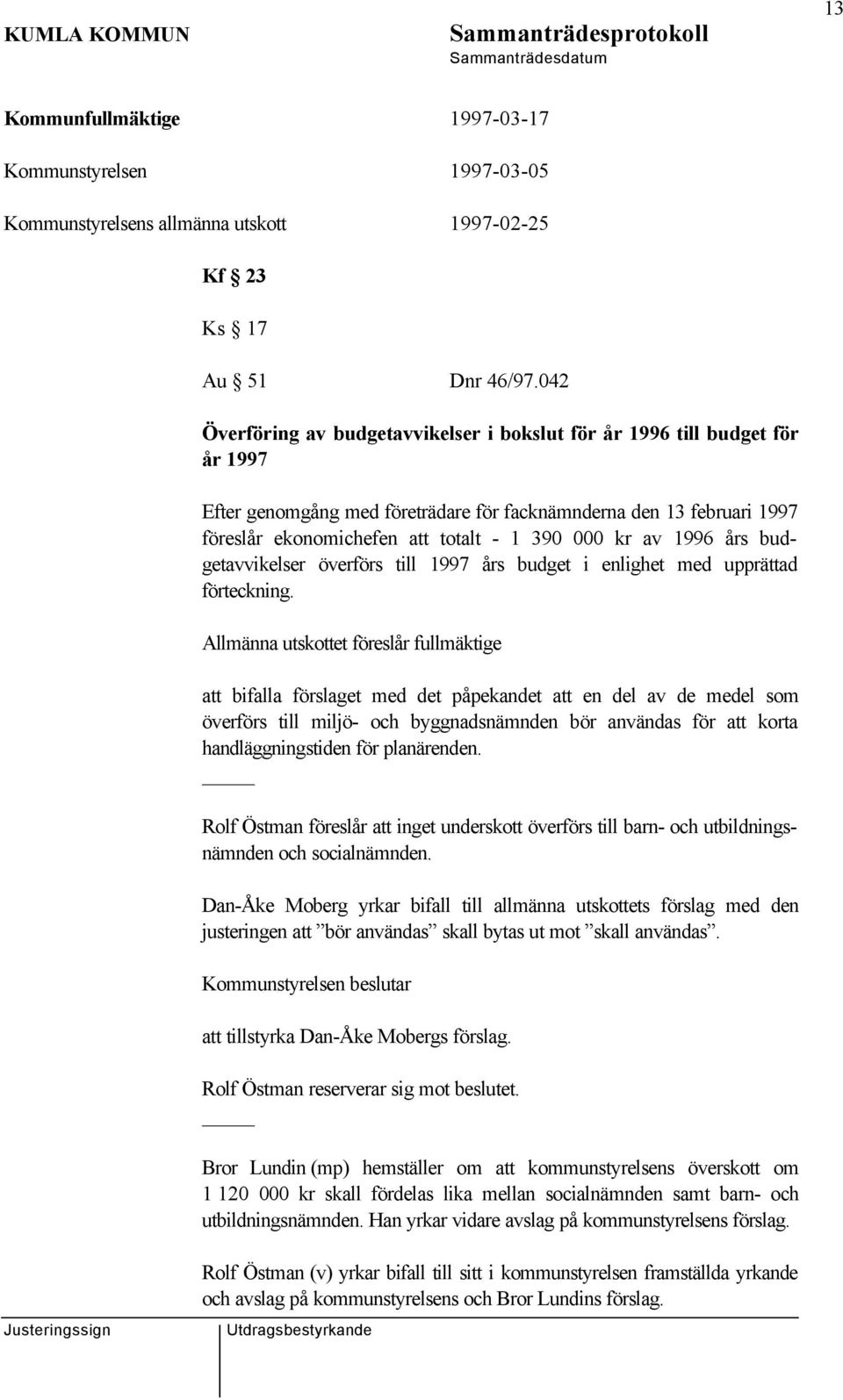 kr av 1996 års budgetavvikelser överförs till 1997 års budget i enlighet med upprättad förteckning.