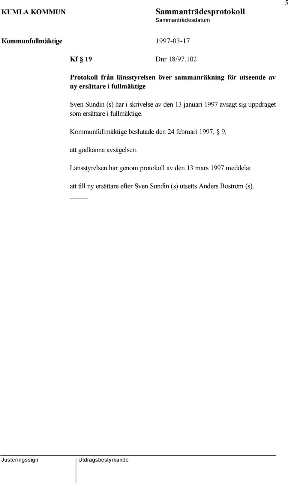 (s) har i skrivelse av den 13 januari 1997 avsagt sig uppdraget som ersättare i fullmäktige.