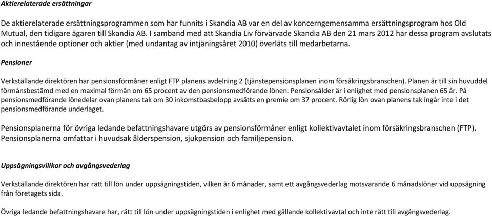 medarbetarna. Pensioner Verkställande direktören har pensionsförmåner enligt FTP planens avdelning 2 (tjänstepensionsplanen inom försäkringsbranschen).