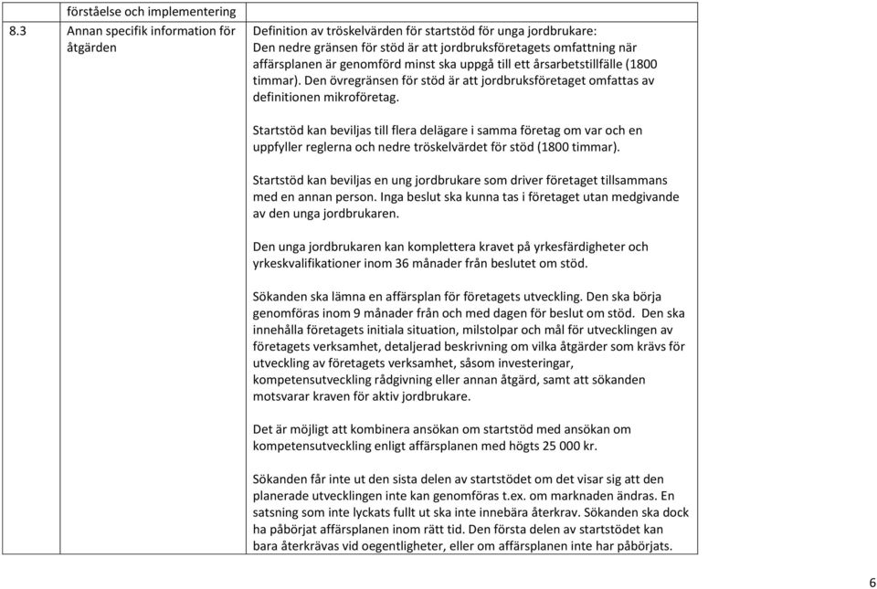 genomförd minst ska uppgå till ett årsarbetstillfälle (1800 timmar). Den övregränsen för stöd är att jordbruksföretaget omfattas av definitionen mikroföretag.