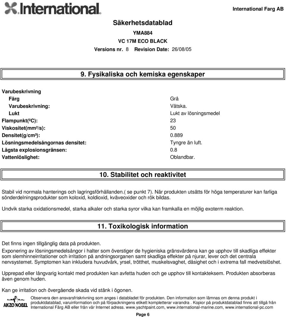 Stabilitet och reaktivitet Stabil vid normala hanterings och lagringsförhållanden.( se punkt 7).