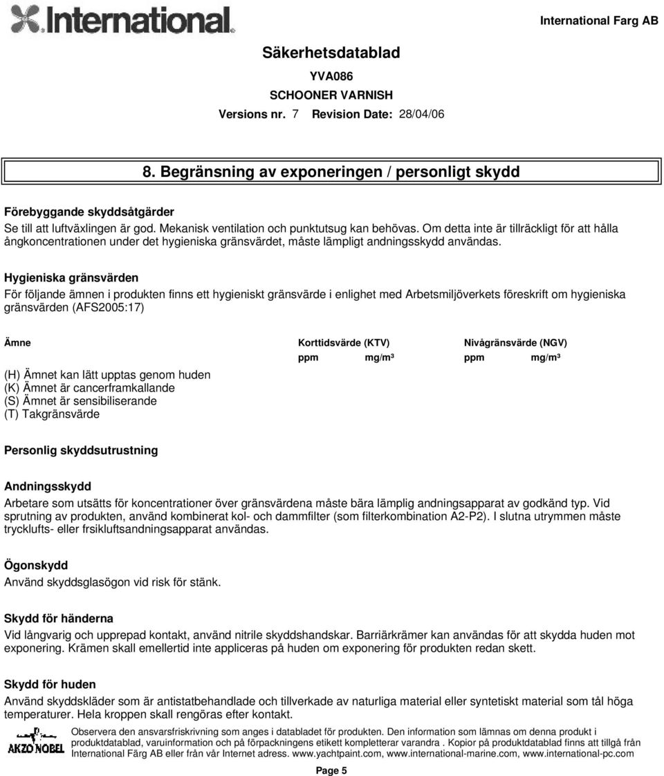 Hygieniska gränsvärden För följande ämnen i produkten finns ett hygieniskt gränsvärde i enlighet med Arbetsmiljöverkets föreskrift om hygieniska gränsvärden (AFS2005:17) Ämne Korttidsvärde (KTV)