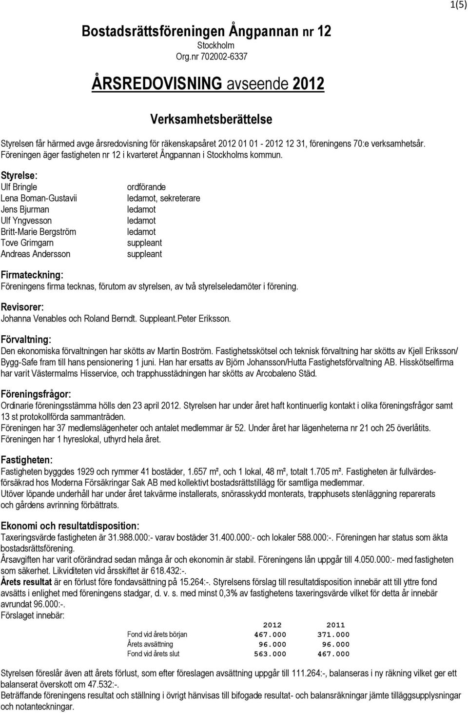 Styrelse: Ulf Bringle Lena Boman-Gustavii Jens Bjurman Ulf Yngvesson Britt-Marie Bergström Tove Grimgarn Andreas Andersson ordförande ledamot, sekreterare ledamot ledamot ledamot suppleant suppleant
