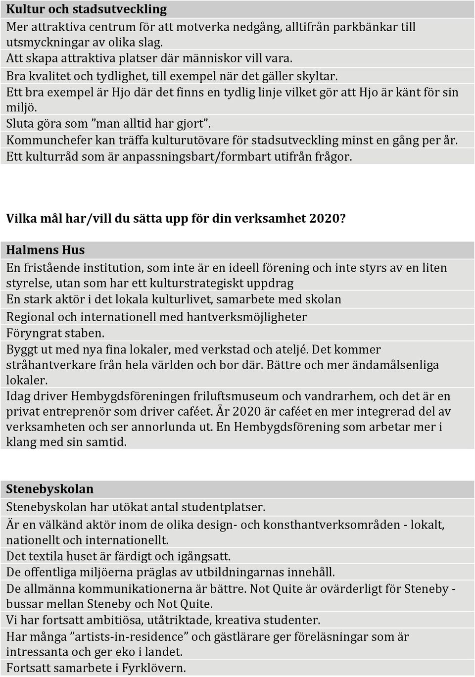 Kommunchefer kan träffa kulturutövare för stadsutveckling minst en gång per år. Ett kulturråd som är anpassningsbart/formbart utifrån frågor. Vilka mål har/vill du sätta upp för din verksamhet 2020?