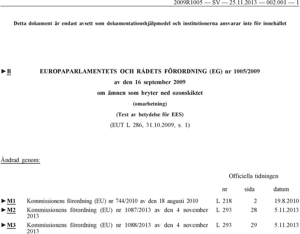 (EG) nr 1005/2009 av den 16 september 2009 om ämnen som bryter ned ozonskiktet (omarbetning) (Text av betydelse för EES) (EUT L 286, 31.10.2009, s.