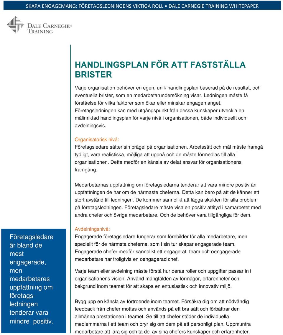Företagsledningen kan med utgångspunkt från dessa kunskaper utveckla en målinriktad handlingsplan för varje nivå i organisationen, både individuellt och avdelningsvis.