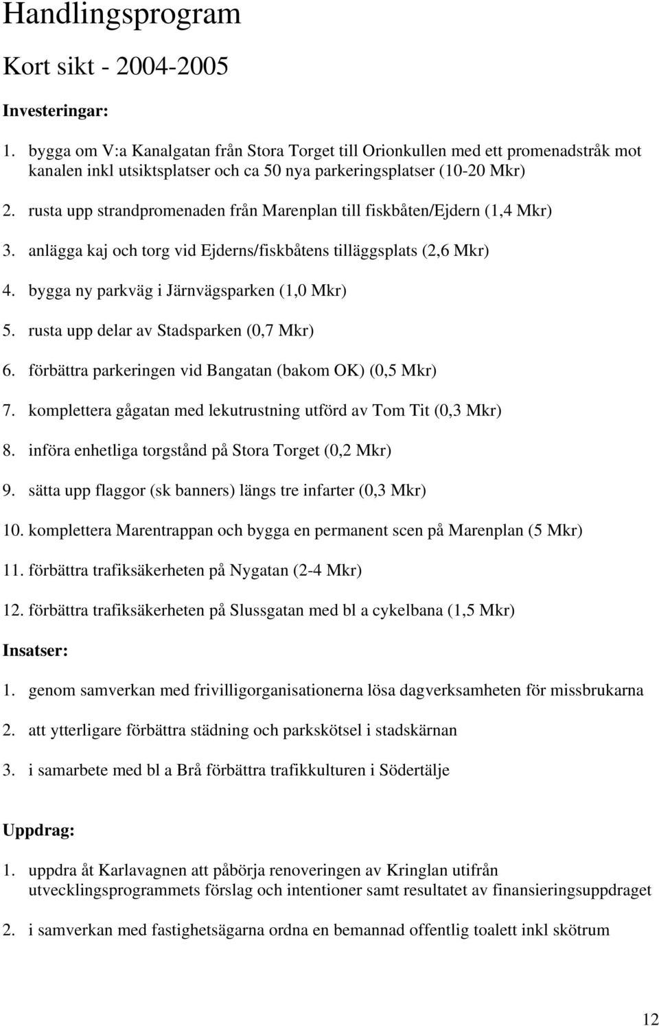 rusta upp strandpromenaden från Marenplan till fiskbåten/ejdern (1,4 Mkr) 3. anlägga kaj och torg vid Ejderns/fiskbåtens tilläggsplats (2,6 Mkr) 4. bygga ny parkväg i Järnvägsparken (1,0 Mkr) 5.