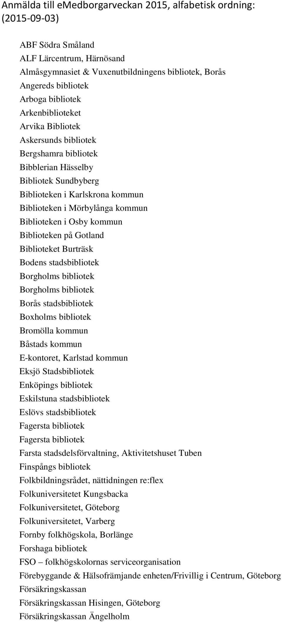 Biblioteken i Osby kommun Biblioteken på Gotland Biblioteket Burträsk Bodens stadsbibliotek Borgholms bibliotek Borgholms bibliotek Borås stadsbibliotek Boxholms bibliotek Bromölla kommun Båstads