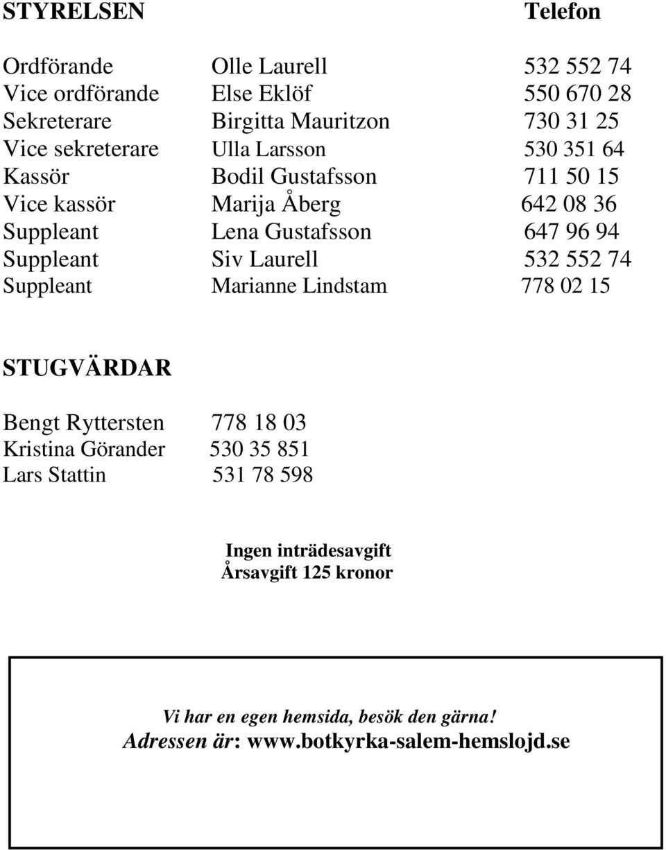 Suppleant Siv Laurell 532 552 74 Suppleant Marianne Lindstam 778 02 15 STUGVÄRDAR Bengt Ryttersten 778 18 03 Kristina Görander 530 35 851