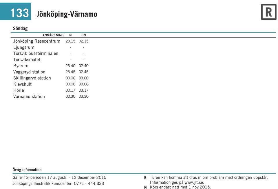 30 Gäller för perioden 17 augusti 12 december 2015 Jönköpings länstrafik