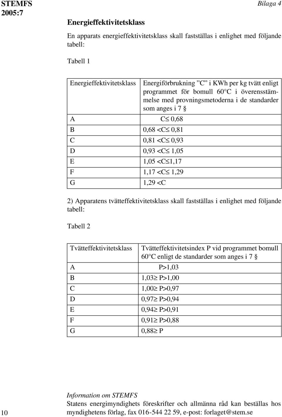 1,29 <C 2) Apparatens tvätteffektivitetsklass skall fastställas i enlighet med följande tabell: Tabell 2 Tvätteffektivitetsklass Tvätteffektivitetsindex P vid programmet bomull 60 C enligt de
