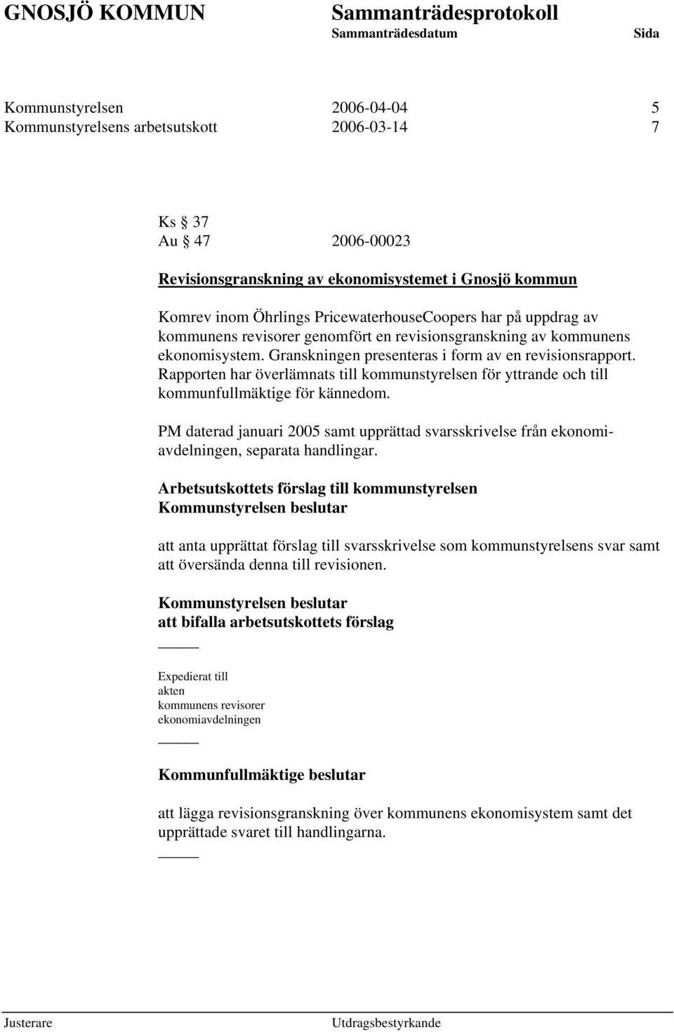 Rapporten har överlämnats till kommunstyrelsen för yttrande och till kommunfullmäktige för kännedom. PM daterad januari 2005 samt upprättad svarsskrivelse från ekonomiavdelningen, separata handlingar.