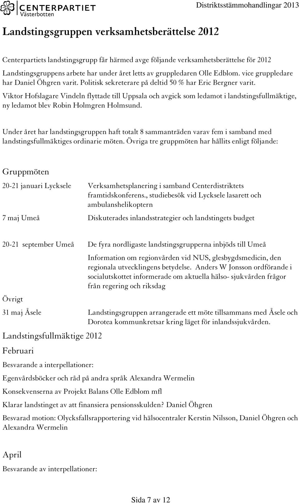 Viktor Hofslagare Vindeln flyttade till Uppsala och avgick som ledamot i landstingsfullmäktige, ny ledamot blev Robin Holmgren Holmsund.