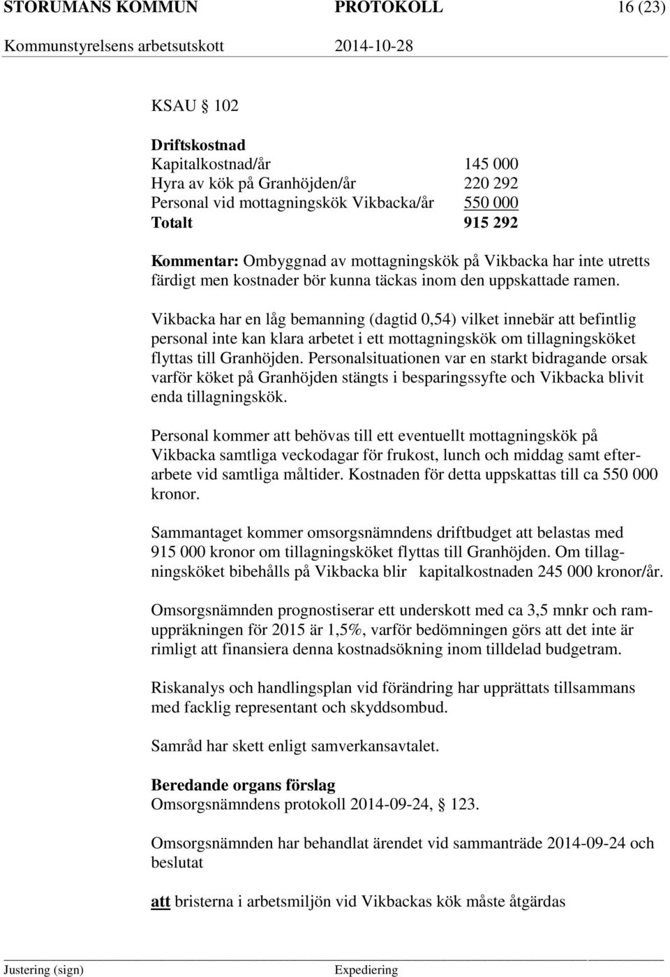 Vikbacka har en låg bemanning (dagtid 0,54) vilket innebär att befintlig personal inte kan klara arbetet i ett mottagningskök om tillagningsköket flyttas till Granhöjden.