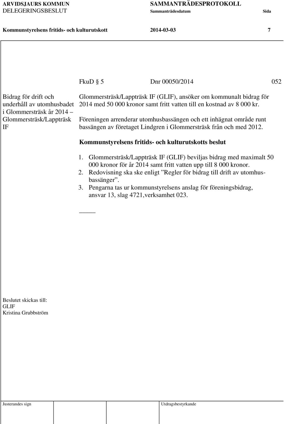 Föreningen arrenderar utomhusbassängen och ett inhägnat område runt bassängen av företaget Lindgren i Glommersträsk från och med 2012. Kommunstyrelsens fritids- och kulturutskotts beslut 1.