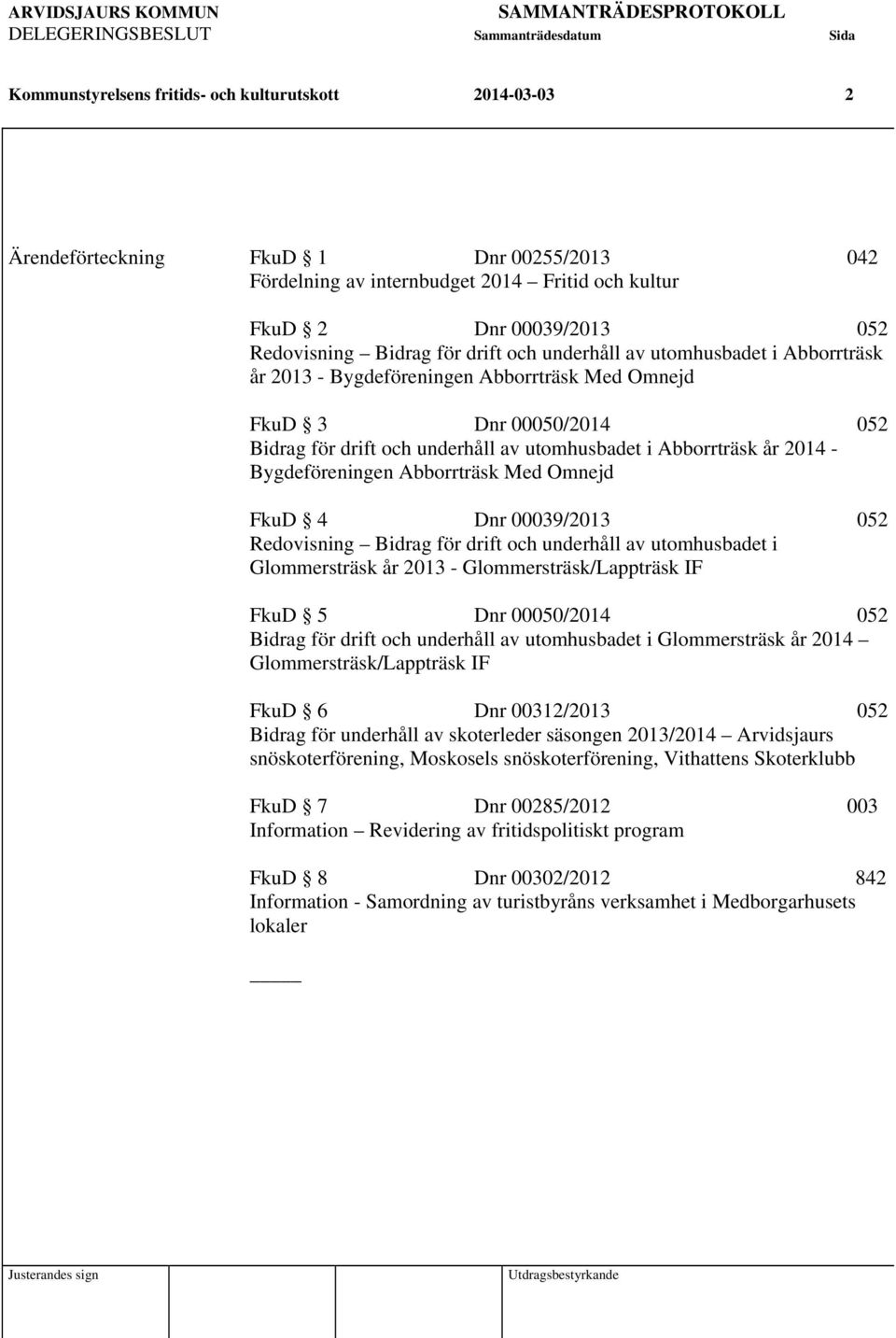 Bygdeföreningen Abborrträsk Med Omnejd FkuD 4 Dnr 00039/2013 052 Redovisning Bidrag för drift och underhåll av utomhusbadet i Glommersträsk år 2013 - Glommersträsk/Lappträsk IF FkuD 5 Dnr 00050/2014