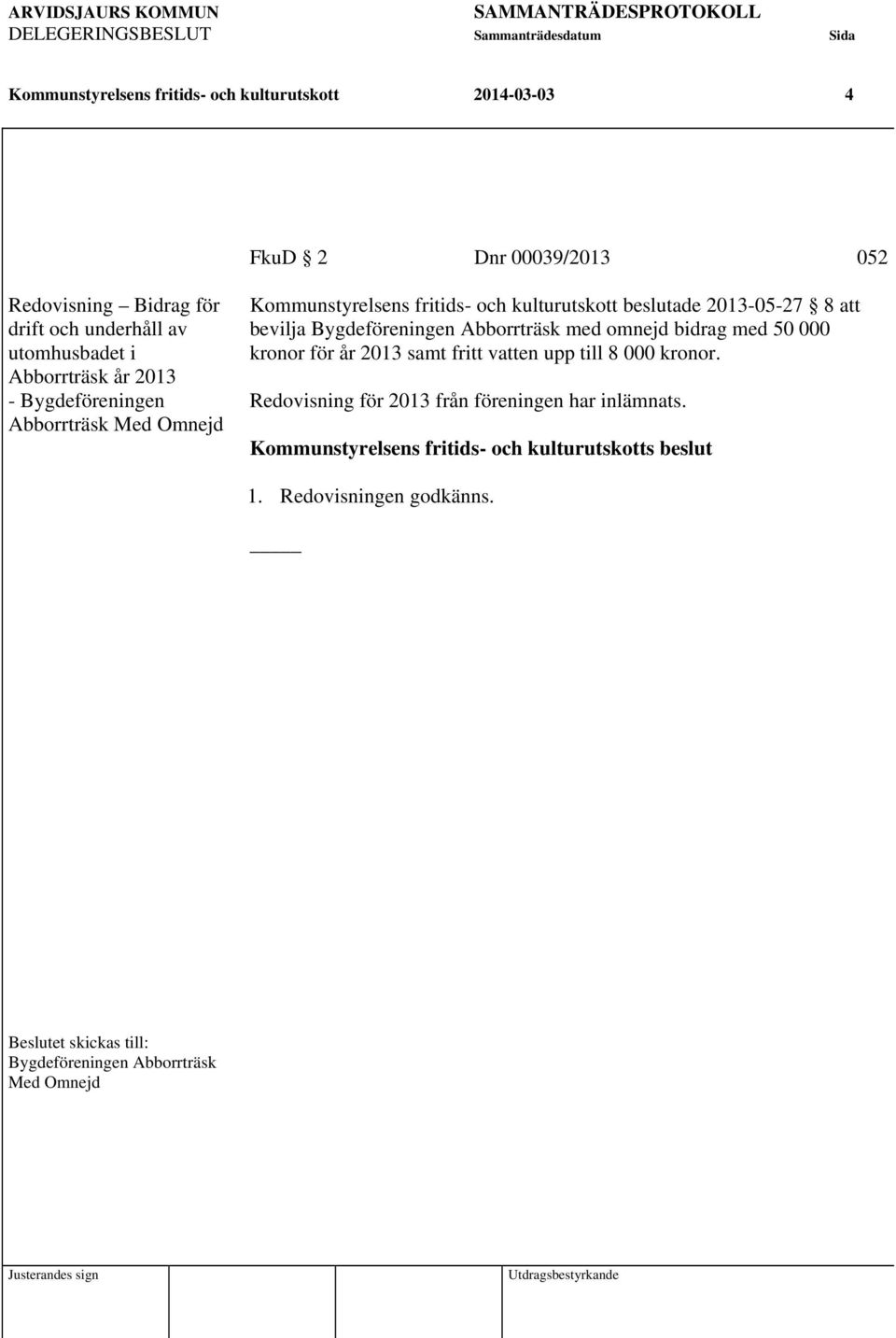 Bygdeföreningen Abborrträsk med omnejd bidrag med 50 000 kronor för år 2013 samt fritt vatten upp till 8 000 kronor.