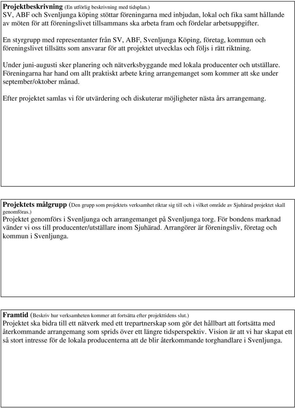 En yrgrupp med representanter från SV, ABF, Svenljunga Köping, företag, kommun och föreningslivet tillsätts som ansvarar för att projektet utvecklas och följs i rätt riktning.