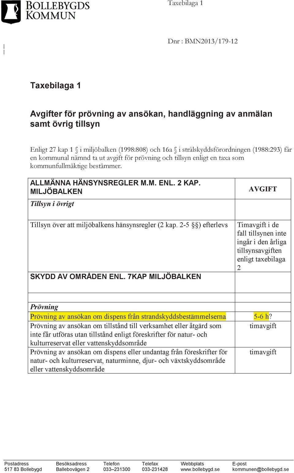 7KAP MILJÖBALKEN Timavgift i de fall tillsynen inte ingår i den årliga tillsynsavgiften enligt taxebilaga 2 av ansökan om dispens från strandskyddsbestämmelserna 5-6 h?