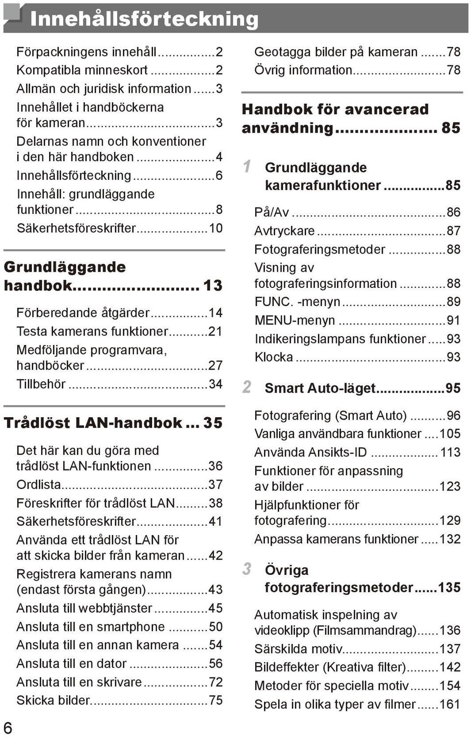 ..14 Testa kamerans funktioner...21 Medföljande programvara, handböcker...27 Tillbehör...34 Trådlöst LAN-handbok... 35 Det här kan du göra med trådlöst LAN-funktionen...36 Ordlista.